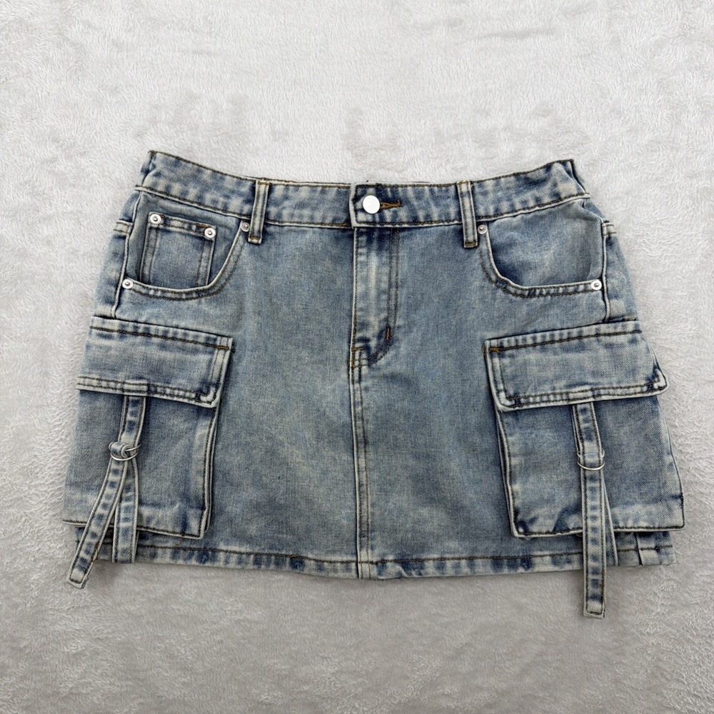 Denim Cargo Orange Kiss Mini Skirt Women Large Blue Pockets Y2K Utility Stretch